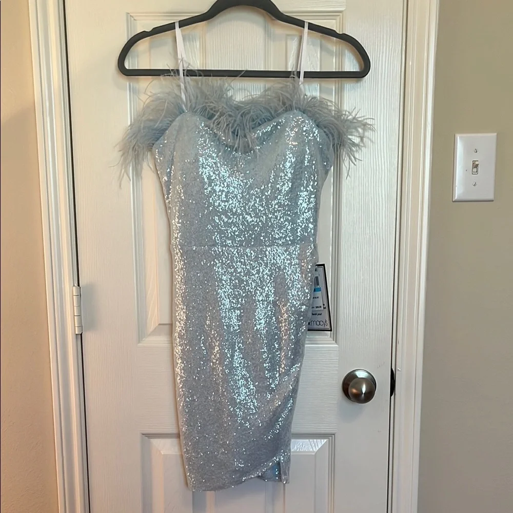 NWT B. Darlin Blue Sequin Feather Cocktail Dress - Picture 1 of 11